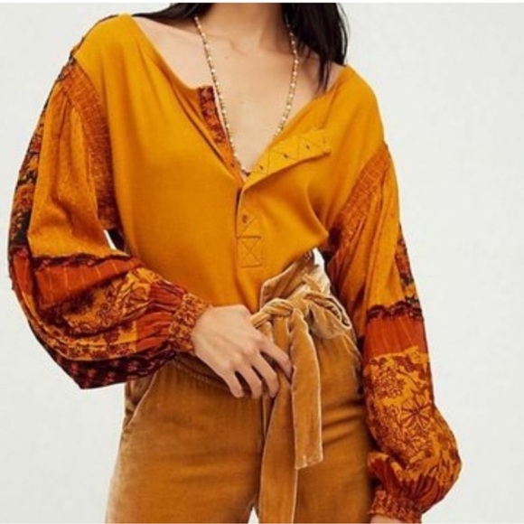 Free People - Light Magic Henley - Bohemian Mustard and Rust Top- size S - Picture 1 of 6